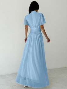 Firerie Women's Elegant Romantic Elegant Daily Commute Beach Vacation Stand Collar Pleated High Waist A-Line Flare Sleeve White Dress Blue - Baby Blue - View 5