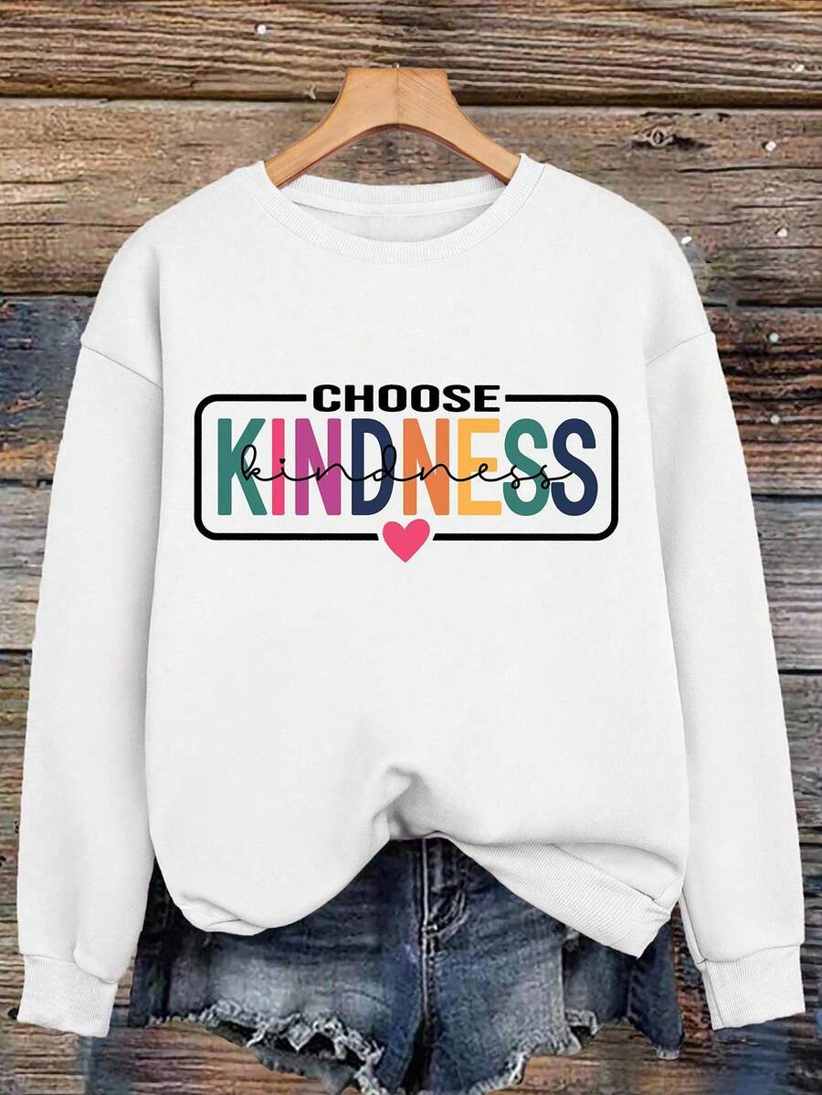 EMERY ROSE Choose Kindness Printed Plus Size Casual Sweatshirt Fall Cloth For Women Winter Autumn - White - View 1