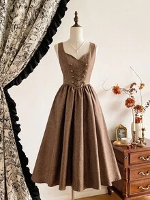 Vintamour Váy nữ thanh lịch cổ điển có túi, cài nút kim loại, váy đi nghỉ thường ngày mùa thu - màu nâu - Xem 7