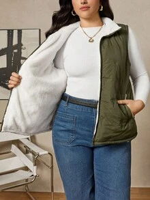 Zelara 大码女式休闲冬季纯色航海风外套，前拉链无袖口袋哥特式外套，秋季款 - 軍綠色 - 查看 5