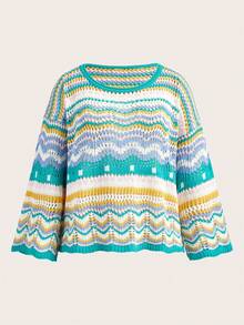 Flirla Plus Size Wavy Striped Knit Sweater - Green - View 1