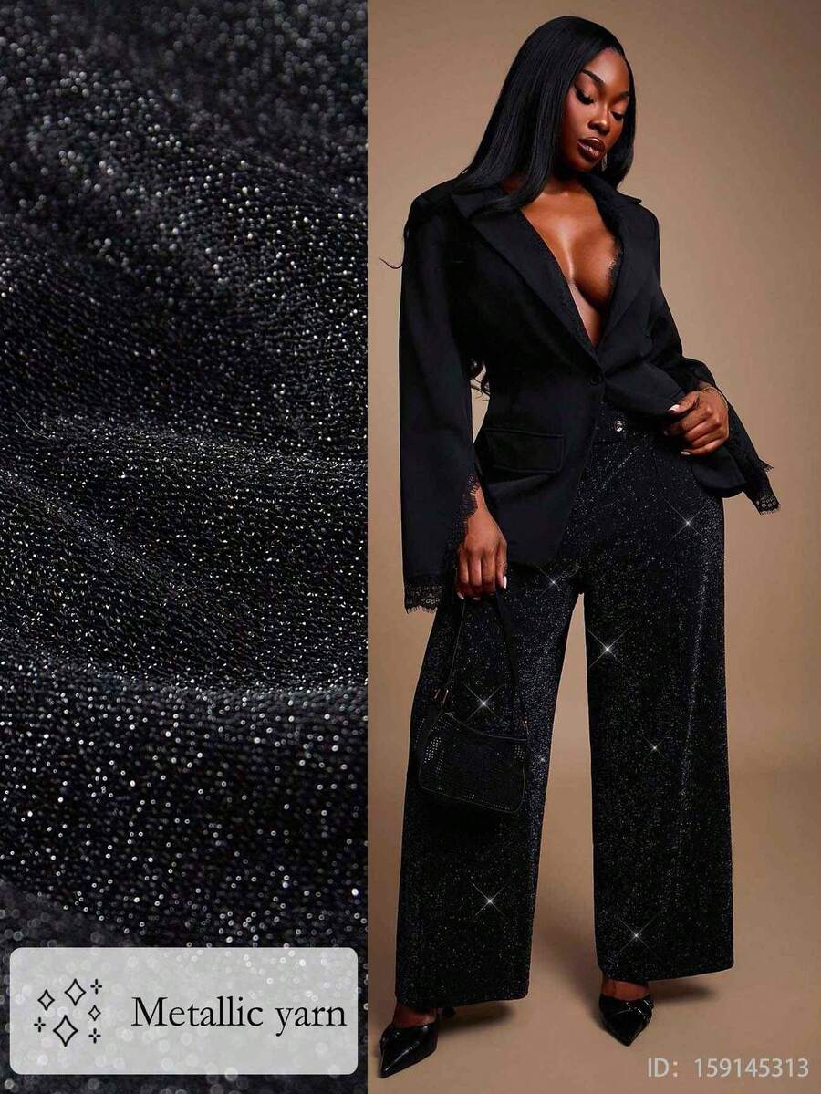 SHEIN SXY Plus Size Women's Elegant Shiny High-Waisted Straight Leg Black Dress Pants, Suitable For Party In Autumn & Winter