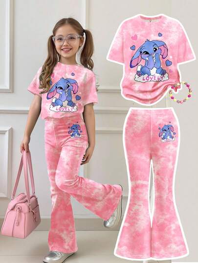 SHEIN 2pcs/Set Young Girl Cute Cartoon Blue Rabbit Lulu, Stitch Pattern, Fresh Red Tie-Dye Graphic Round Neck Short Sleeve T-Shirt And Flare Pants, Suitable For Summer, Casual Wear For Kids
