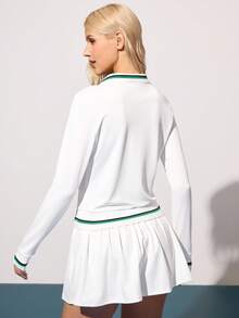 Easithlete 女式条纹长袖休闲健身运动 Polo 衫网球裙网球裙长袖女式高尔夫服装 - 白色 - 查看 2