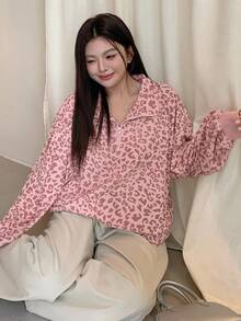 Dazy Plus Sudadera holgada con cremallera y estampado de leopardo para mujer de talla grande, estilo callejero para otoño/invierno