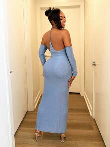 BamGleam Women's Solid Color Backless Hollow-Out Sexy Long Sleeve Dress - Blue - View 2