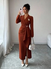 Elenzga Váy dài tay thêu họa tiết bướm nâu cài nút kim loại xếp ly, kiểu Pháp thanh lịch tinh tế cho quý cô công sở, váy ôm eo thon gọn mùa thu/đông - Rỉ Nâu - Xem 6