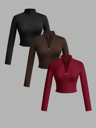 Slaydiva Set de 3 camisetas de manga larga con cuello en V, cremallera y ajuste ceñido, de estilo casual para otoño/invierno para mujer, en colores blanco + negro + gris