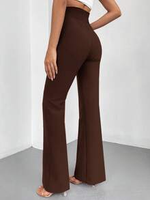 SHEIN Quần dài nữ cỡ lớn, ống đứng, màu trơn, dáng ôm, thích hợp mặc đi làm/đi chơi, màu nâu, quần cạp cao, quần ống loe, quần tây nữ, quần dài cho nữ cao. - Màu nâu Sô-cô-la - Xem 2