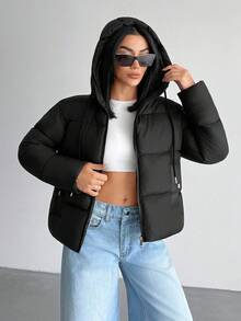 HOOD DRAWSTRING METALLICAL ZIP BODY POCKET PUFFER WINTERCOAT - Black - View 6