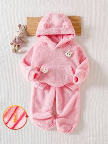 SHEIN Playful Pals Young Girl' Casual Loose Cute 3D Rabbit Decor Round Neck Long Sleeve Top And Elastic Waist Loose Pants Set, Casual & Adorable Fall Winter - Pink - View 1