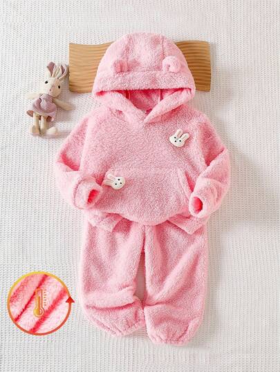 SHEIN Playful Pals 年轻女孩休闲宽松可爱 3D 兔子装饰圆领长袖上衣和松紧腰宽松裤套装，休闲又可爱