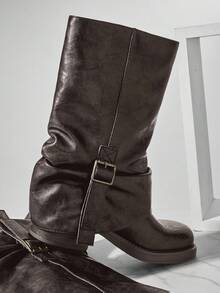 SHUZIA Women's Lug Sole Fold Over Slouchy Square Toe Moto Boots - Dark Grey - View 8