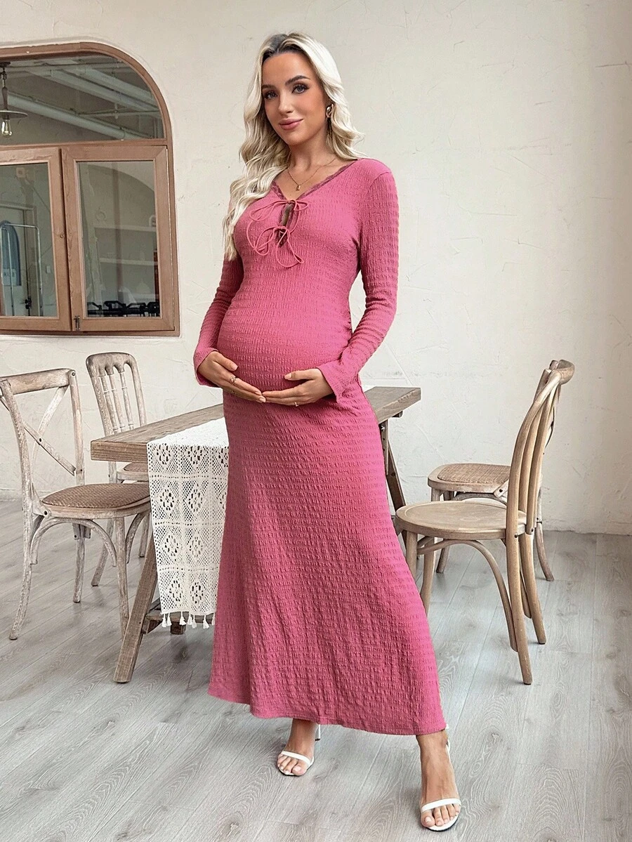 SHEIN Maternity Solid Lace Trim V-Neck Tie Front Long Sleeve Dress, Textured Fabric, Spring/Autumn - Watermelon Pink - View 1