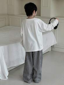 DAZY 青少年男孩标语印花长袖上衣和格子裤睡衣套装 - 黑與白 - 查看 5