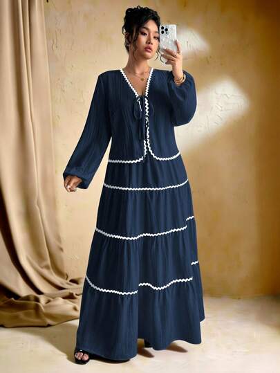 SHEIN Tall 加大码女式编织纹理长袖开衫，配有自系腰带、撞色荷叶边下摆设计、松紧腰长裙、法式优雅浪漫两件套