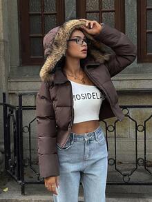 Women's Fluffy Trim Hooded Padded Coat, Winter Jacket - Coffee Brown - View 3