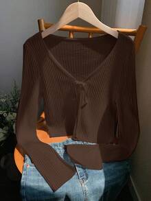 Comfortcana 秋冬休闲纯色针织系带开衫 - 棕色 - 查看 5