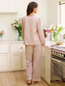 Snug Reverie Contrast Trim Collar Tie Bow Decor Long Sleeve & Pants Women Pajama Set, Fall Clothes - Baby Pink - View 2
