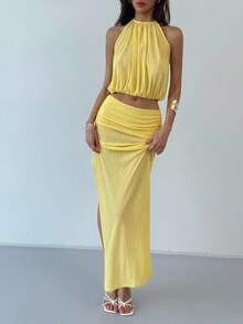 Aloruh 黄色性感透明露背露背短款上衣 + 超高开衩裙，度假装 - 黃色 - 查看 3