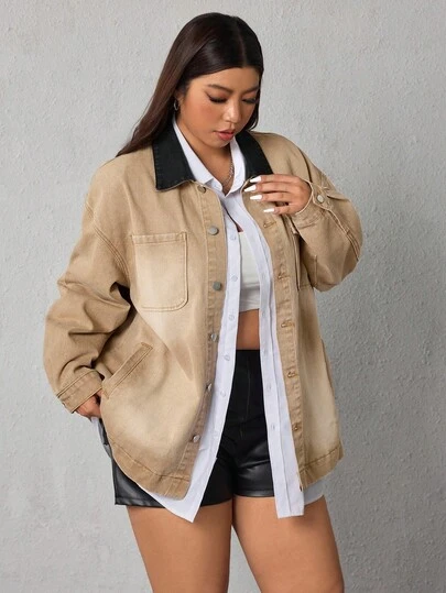 SHEIN ICON Plus Size Retro Color Block Distressed Lapel Denim Jacket