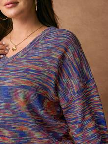 EMERY ROSE 大码女式扎染 V 领落肩长袖休闲套头毛衣，秋冬，女士冬装，圣诞毛衣，大码冬装优雅休闲 - 彩色 - 查看 5