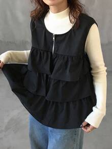 FRIFUL Women's Casual Solid Color Ruffle Hem Sleeveless Jacket, Summer Women Coats - Black - View 4
