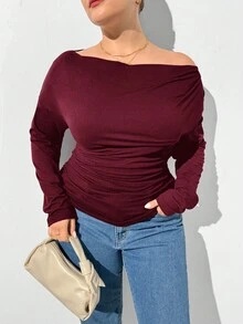 SHEIN Essnce 大码女装秋季女装新款时尚休闲通勤商务女装优雅纯色针织黑色T恤长袖上衣，露肩T恤曲线上衣长袖女上衣 - 酒紅色 - 查看 6
