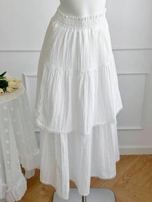 Comfortcana Falda evasé para mujer con cintura elástica y dobladillo con volantes, de tela tejida blanca - Blanco - Ver 4