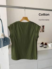 SHEIN LUNE 女士百搭纯色圆领T恤，休闲百搭，夏季 - 軍綠色 - 查看 2