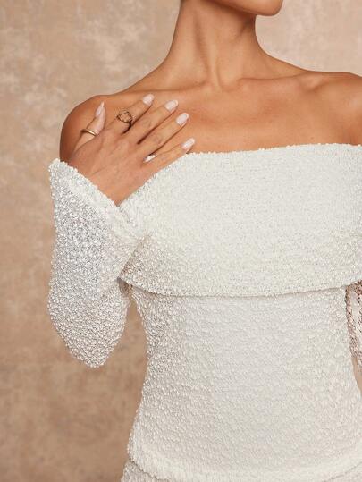 Lumalex Fall Winter Party Dinner Banquet Modest Old Money Coquette Glitter Holiday Party Rave Festival Outing Vacation Hot Outdoor Richly Layered Wedding Season Banquet Coming Of Age Ceremony Off 2pcs Textured Mock Fur Off-Shoulder Bodycon Long Sleeve Low Waist Mermaid Hem Dress Set For Women Luxury Prom ID Al-Adha Al-Adha Party New Year