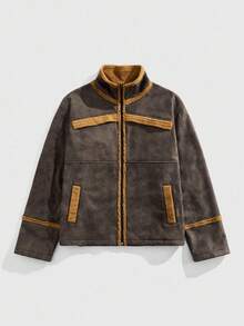 ROMWE MEN Casual 男士复古拉链领休闲夹克，秋季 - 棕色 - 查看 1