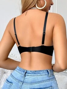 SHEIN 1 件女士简约舒适纯色细肩带文胸 - 黑色 - 查看 2