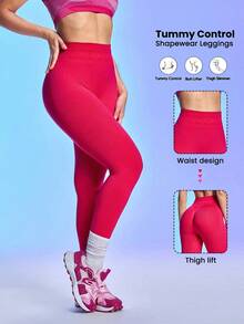 Easithlete 女士纯色高腰休闲健身紧身裤 - 玫紅色 - 查看 1