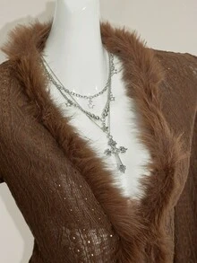 SHEIN ICON 女式复古波西米亚性感 Y2K 针织提花拼布毛领棕色 T 恤 - 棕色 - 查看 8