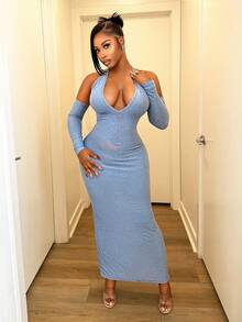 BamGleam Women's Solid Color Backless Hollow-Out Sexy Long Sleeve Dress - Blue - View 3