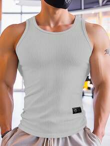 Manfinity Dauomo Men's Rib Knit Patch Round Neck Casual Tank Top, Summer - White - View 3