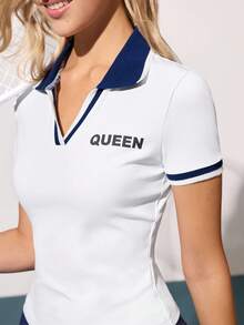 CourtClass 女式撞色 V 领 Polo 衫定制撞色罗纹针织个性化标语印花修身短袖休闲运动网球 Polo 衫女式高尔夫服装 - 白色 - 查看 7