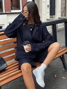 Livesso Women's Casual Notched Collar Double Pocket Denim Jacket And Denim Shorts Set, Autumn School - Blue - View 5