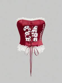 ROMWE Avant Women's Retro Back To School Sporty Ballerina Style Graphic Lace Trim Bandeau Top - Burgundy - View 1