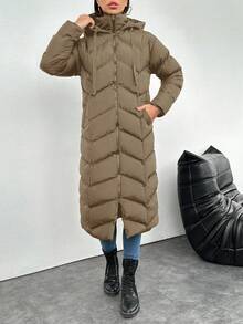 EURMUSE Women's Solid Color Hooded Drawstring Long Cotton Padded Coat, Winter - Camel - View 5