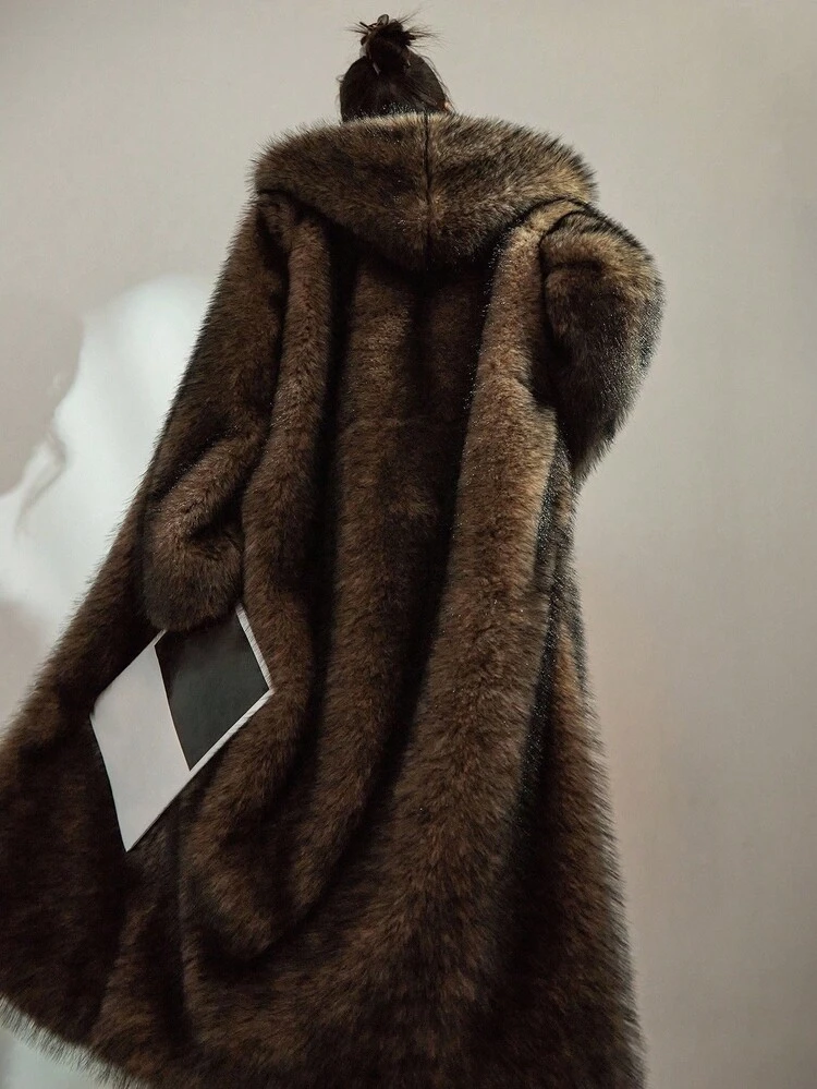 Women's Hooded Long Faux Fur Coat, Autumn/Winter