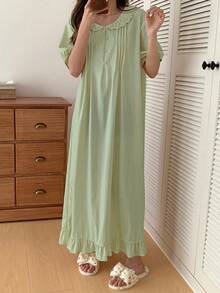 DAZY Spitzenkragen Ballonärmel Rüschensaum Hauskleid für Damen, Sommer, Moo Moo Loungekleid Pyjama