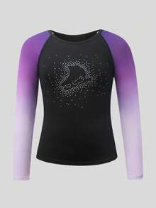 SHEIN Tween Girls Figure Skating Outfit, Snug Fit Purple Ombre Sparkly Rhinestone Ice Skating Costume Set, Professional Ice Skating Sportswear Fall Winter - Multicolor - View 8