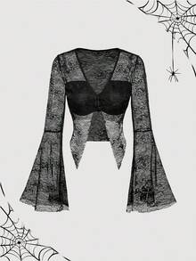 SHEIN MOD 女士时尚性感透明蕾丝喇叭袖T恤 - 黑色 - 查看 6