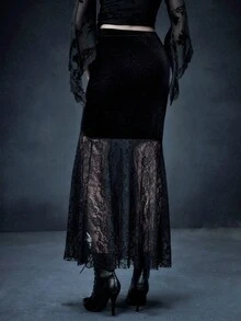 万圣节暗黑哥特浪漫风天鹅绒拼布蕾丝鱼尾裙 - 黑色 - 查看 2