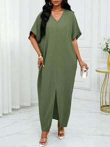 SHEIN Lady 春夏休闲绿色亚麻编织开衩蝙蝠袖中长连衣裙，大码连衣裙，适合度假、海滩、婚礼宾客、商务休闲和舞会等场合。