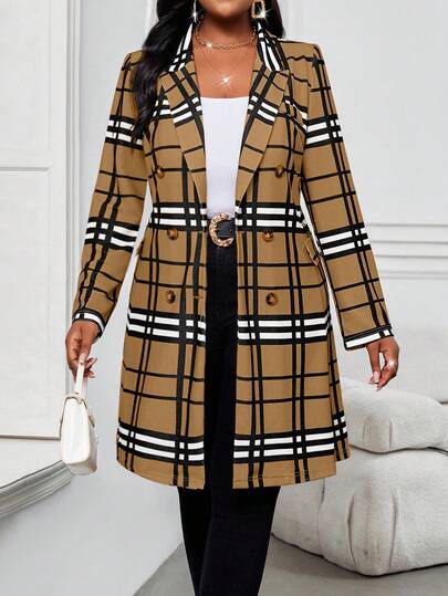 SHEIN Lady New Spring, Summer, Autumn And Winter Light Brown Knitted Plaid Print Fabric Lapel Suit Collar Double-Breasted Plus Size Medium Length Trench Coat, Winter New Year Stylish Winter Coat Christmas Coat Thanksgiving Graduation Trench Coat