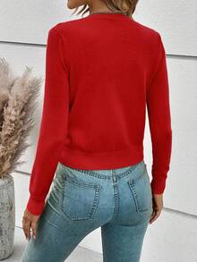 SHEIN Frenchy 女士春夏休闲纯色长袖轻薄开衫、长袖上衣、秋冬针织毛衣 - 紅色 - 查看 2