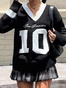 SHEIN 少女毛衣 少女拼色 V 领休闲宽松学院风图案套头毛衣 - 黑與白 - 查看 5